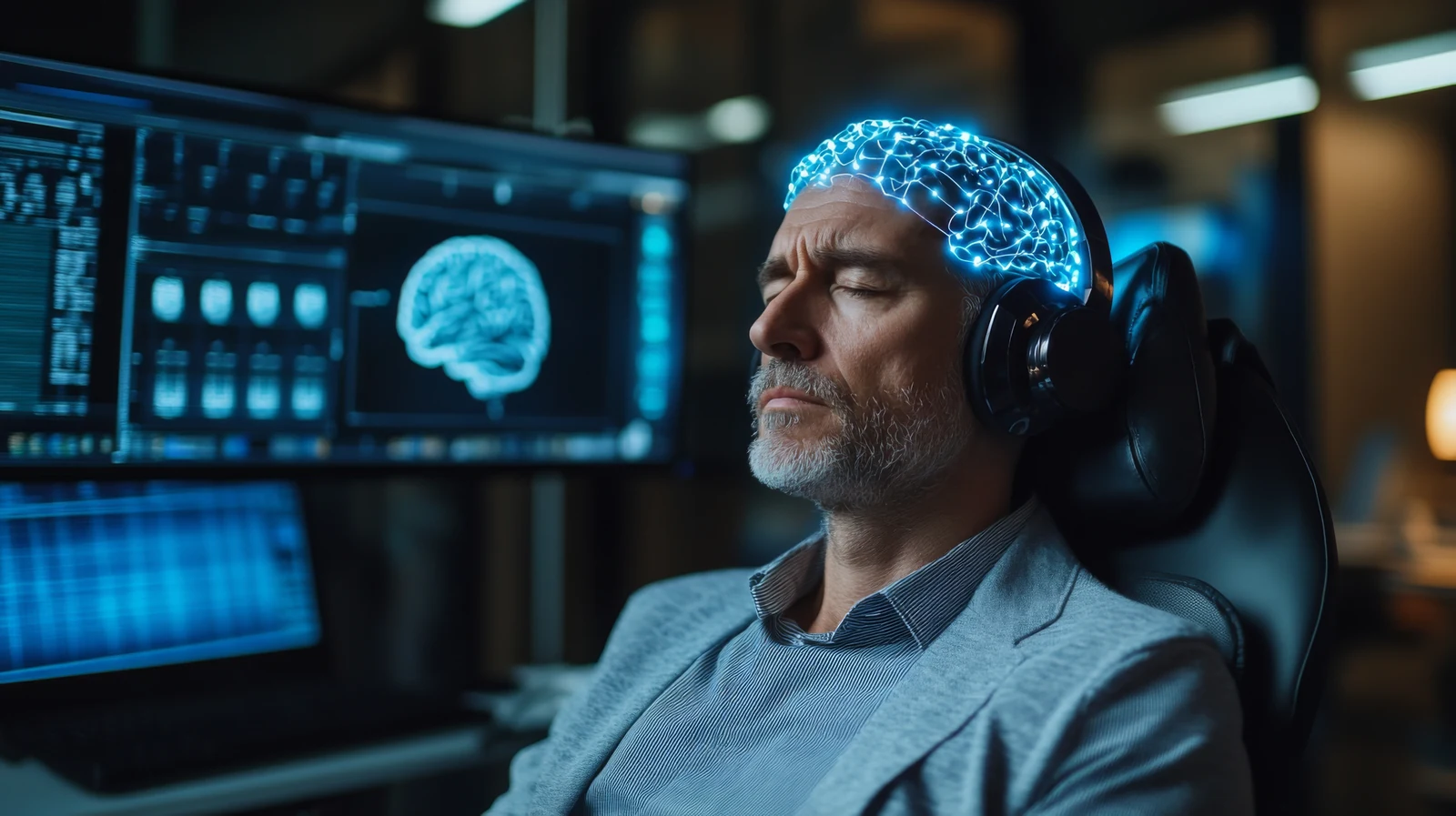 Sessão de neuromodulação não invasiva com monitoramento cerebral.