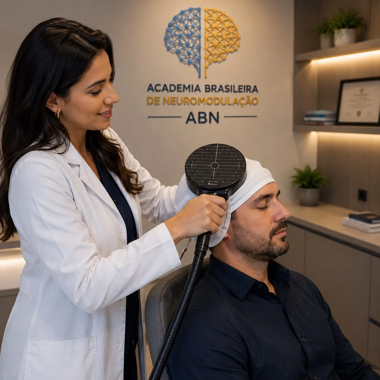 Profissional posicionando a bobina de estimulação magnética na cabeça de um paciente, em unidade da Academia.